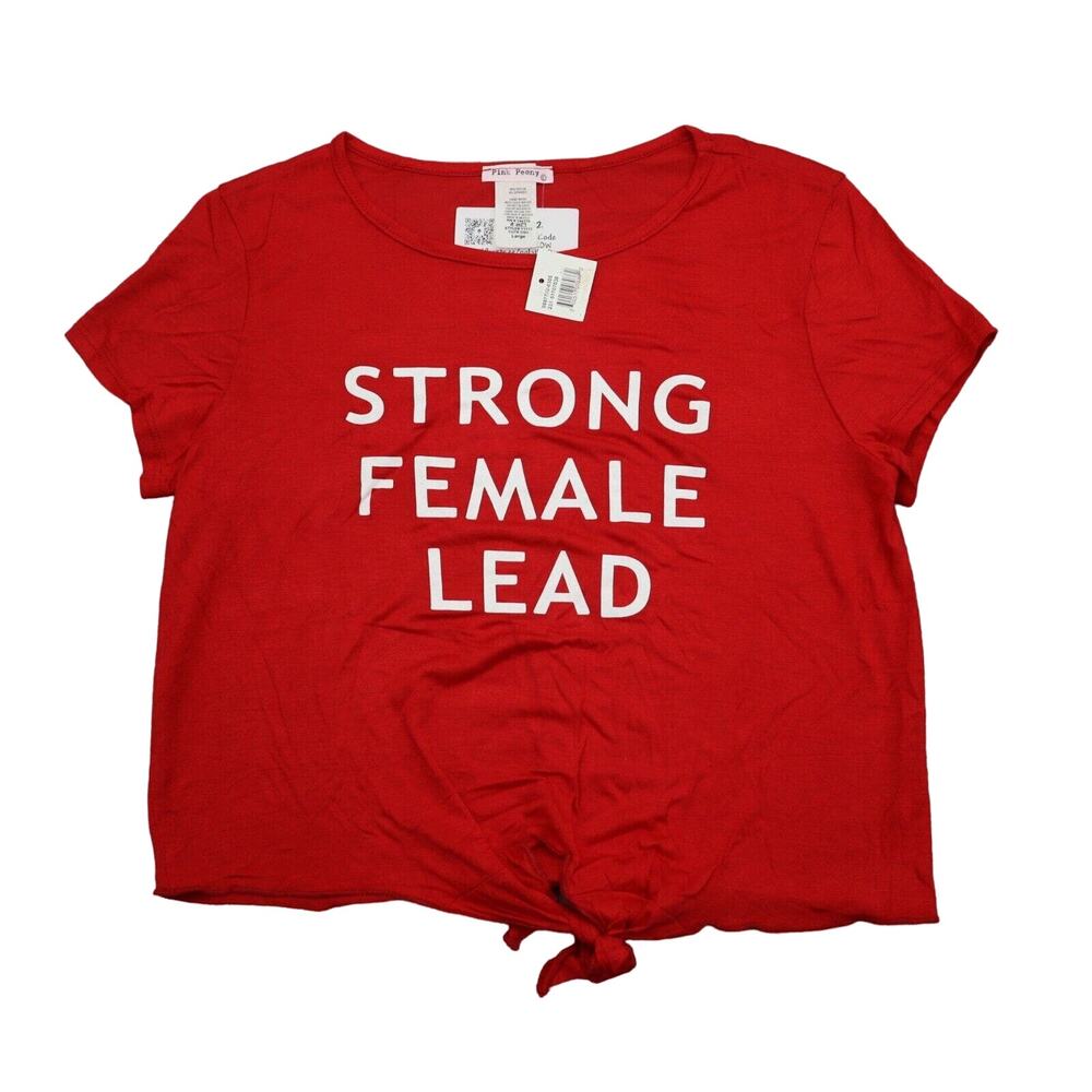 Pink Peony Shirt Womens L Red Cap Sleeve Crew Neck Strong Female Lead T Shirt